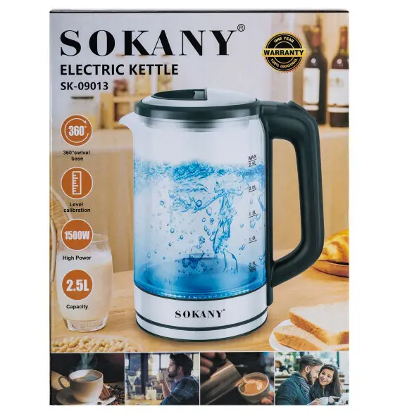 Електрочайник скляний Sokany SK-09013 дисковий 2,5 л Сталевий - фото 7