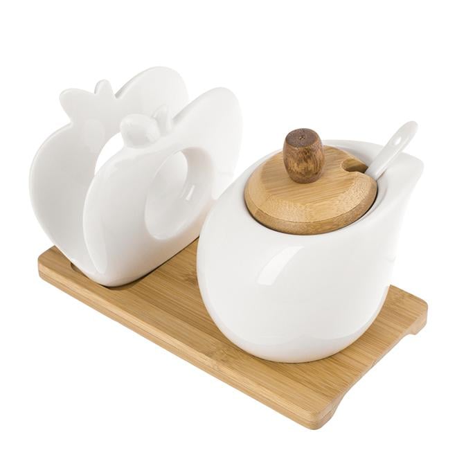 Набор фарфоровый Сахарница с ложкой и салфетница на бамбуковой подставке Naturel (32742)