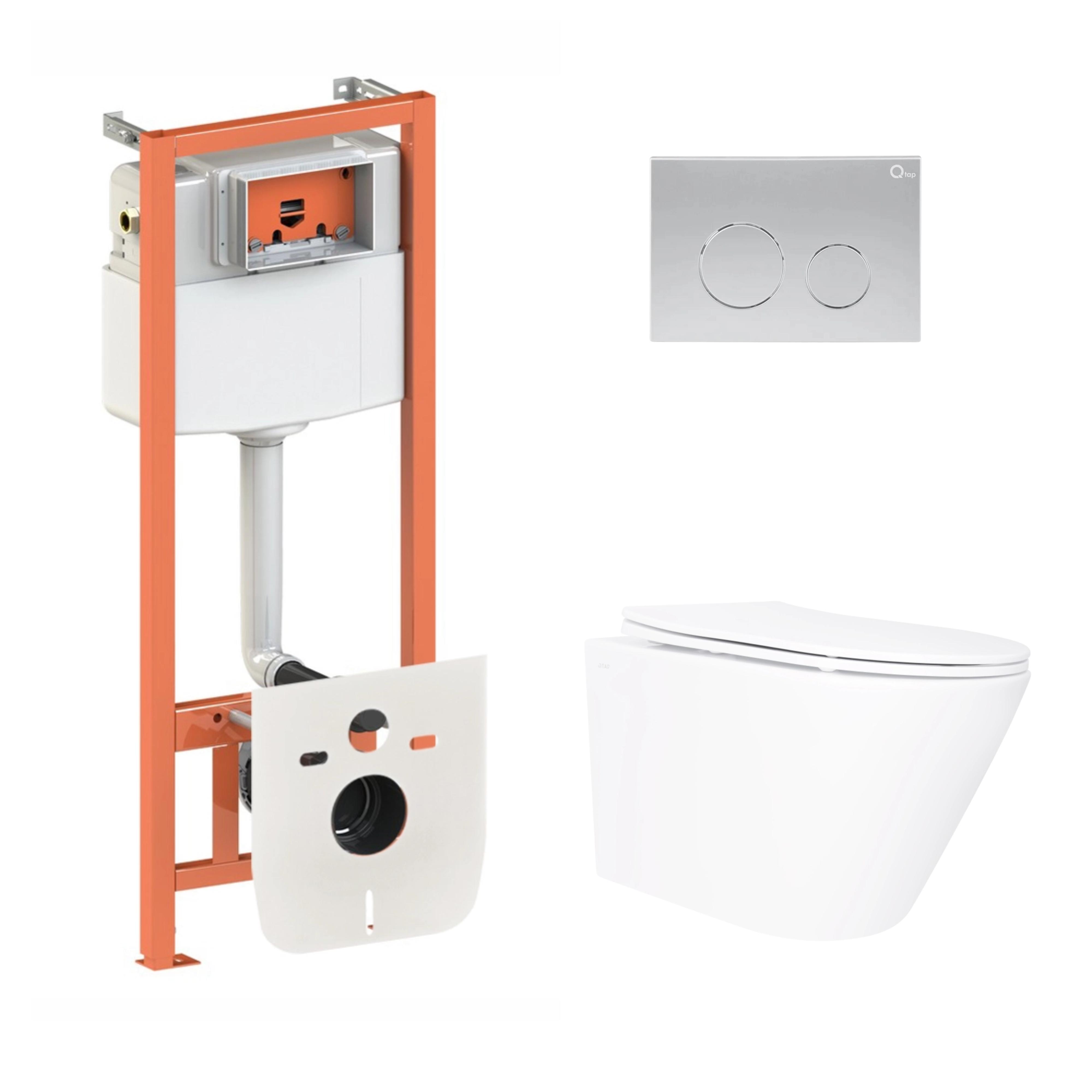 Комплект инсталляции Q-tap ​​Nest 4в1 унитаз подвесной Swan Ultra Quiet 520х360х320 мм/круглая клавиша Satin