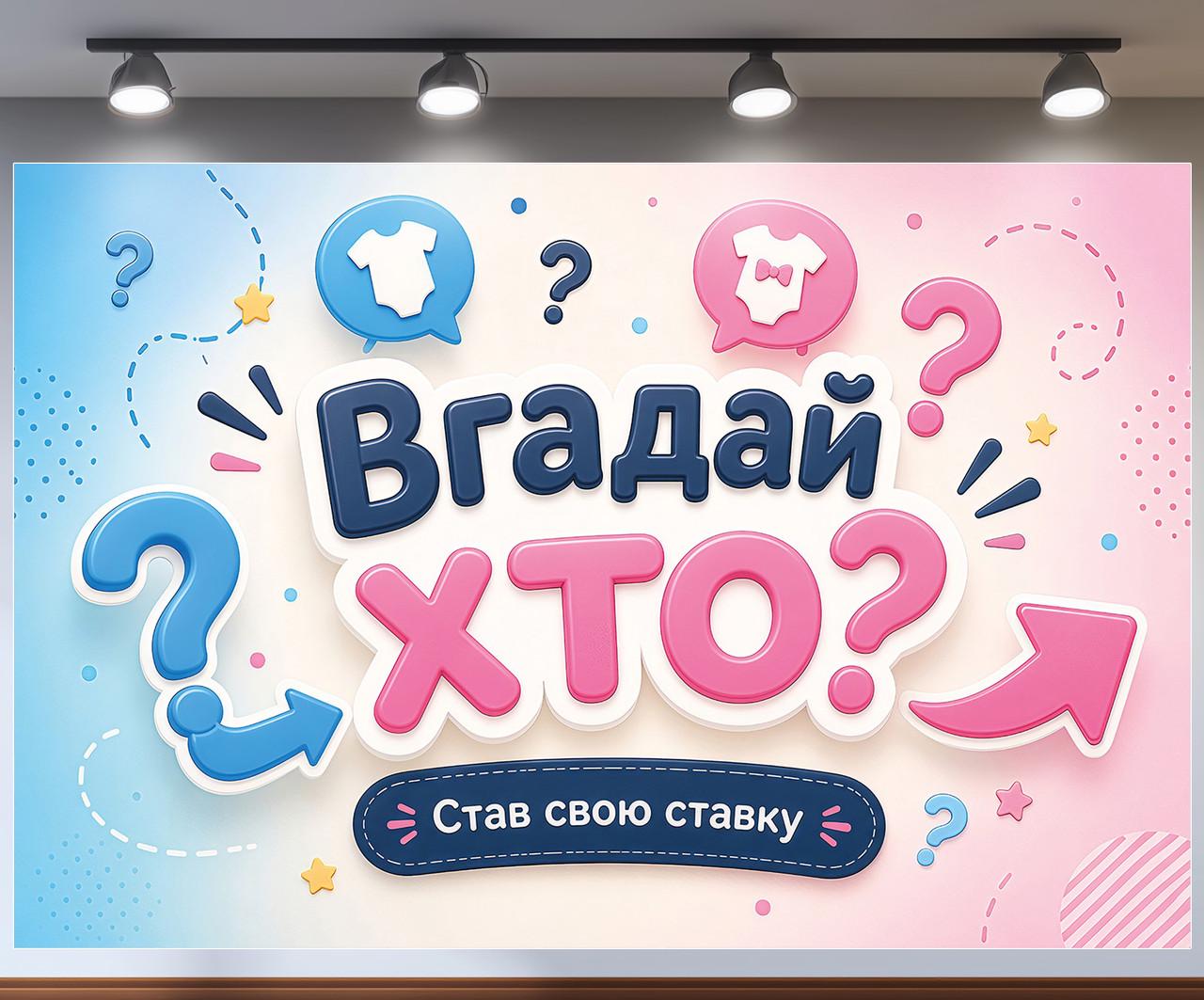 Баннер фотозона Угадай кто Сделай свою ставку с бодиками и вопросительными знаками 300x200см, №48841