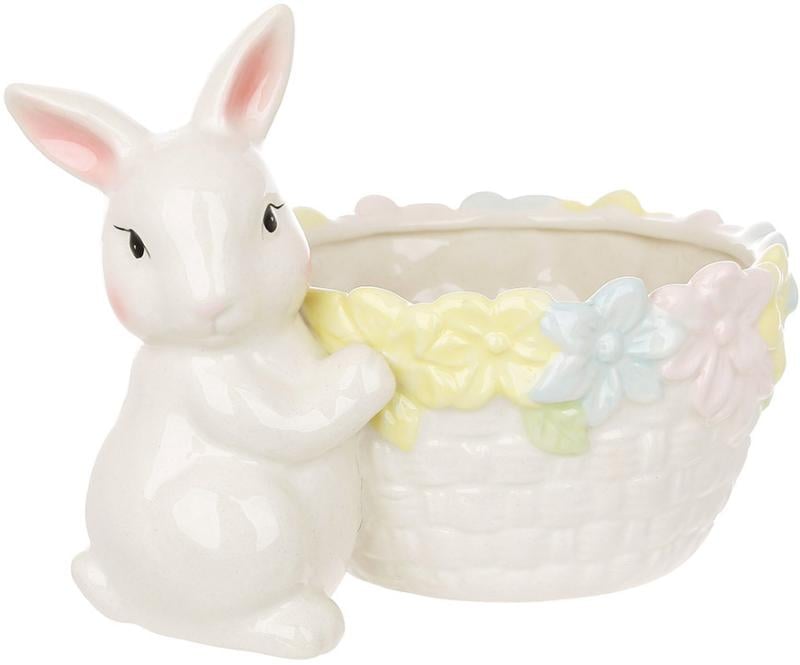 Кашпо керамическое декоративное Зайка с корзиной цветов 19 см