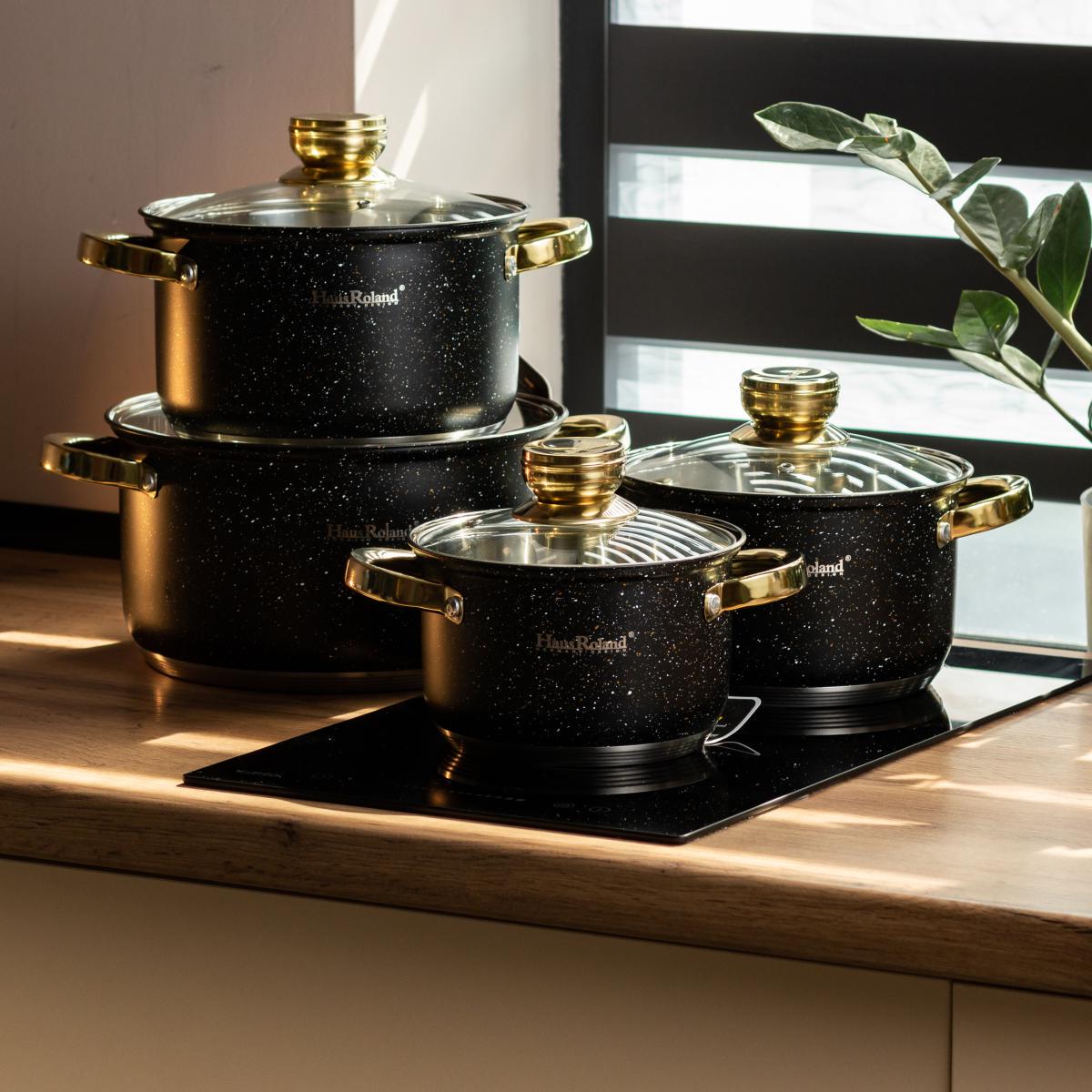 Набор кастрюль Haus Roland из нержавеющей стали со стеклянными крышками 4 шт. на 6,1/3,9/2,8/2,1 л Черный (HP33522)