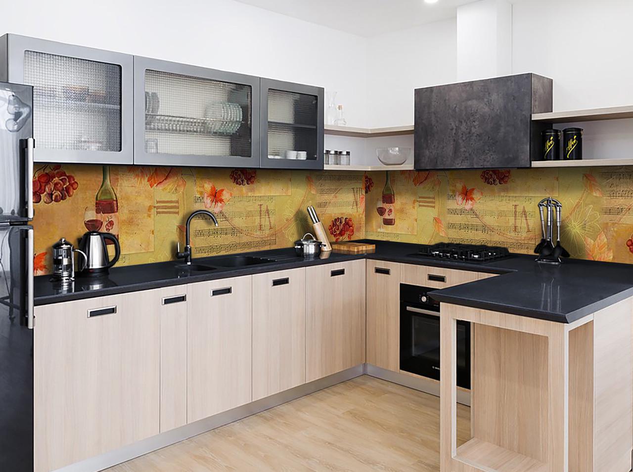 Кухонный фартук Музыка ноты вино из самоклеющейся виниловой пленки 60х250 см Бежевый