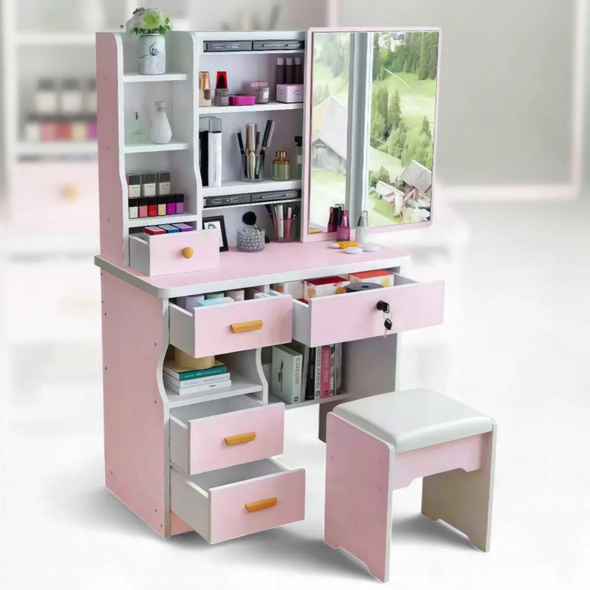 Столик туалетный STL-MD 88 с LED-зеркалом и пуфом 128х80х35 см Розовый (2847394696)