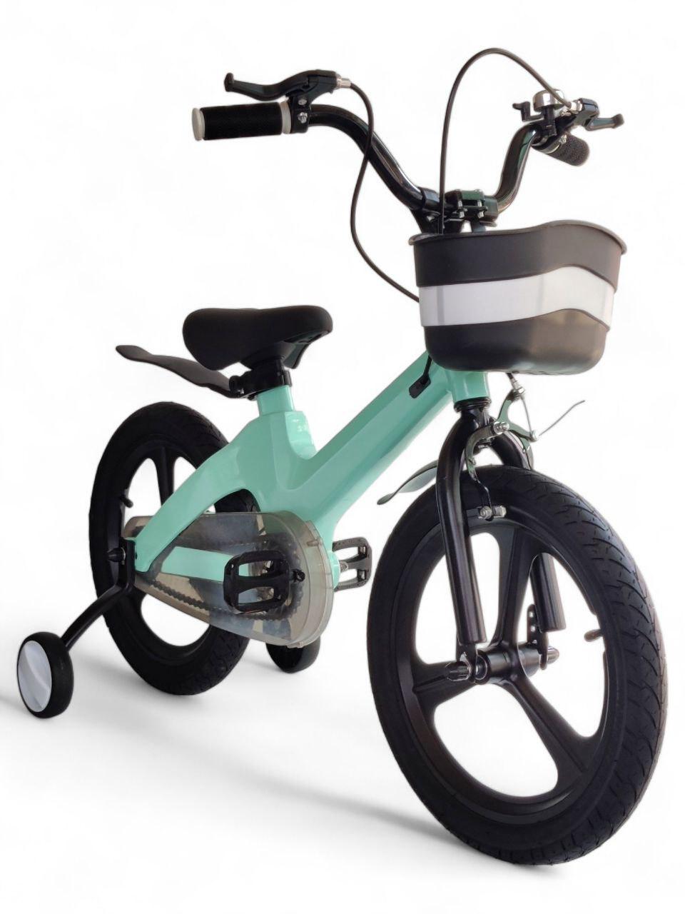 Детский велосипед двухколесный Magnesium 4188-11A-14 с рамой из магния и дополнительными колесами и корзиной Мятный (4188-11A-14r-s2)