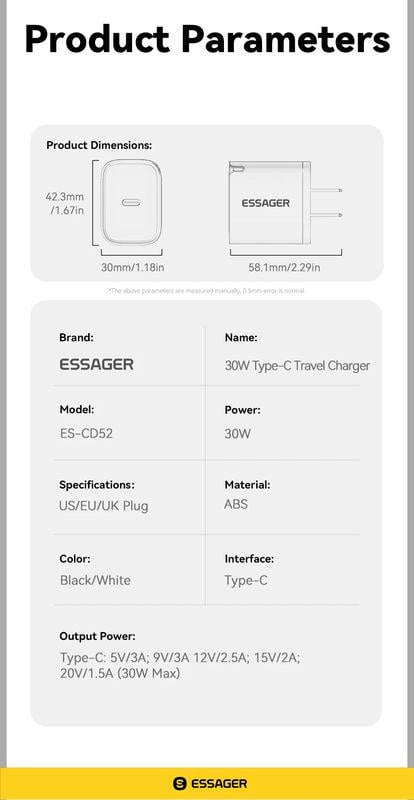 Зарядний пристрій швидкий Essager для телефона/смартфона/планшета/навушників Type-C 30W (ТТ-109) - фото 3