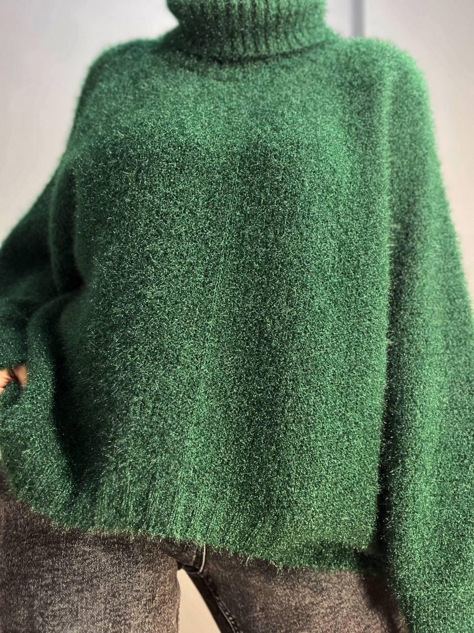 Светр жіночий MY FASHION 3267 павутинка оверсайз широкий комір хомут подовжений р. 44-48 Зелений (3115) - фото 5
