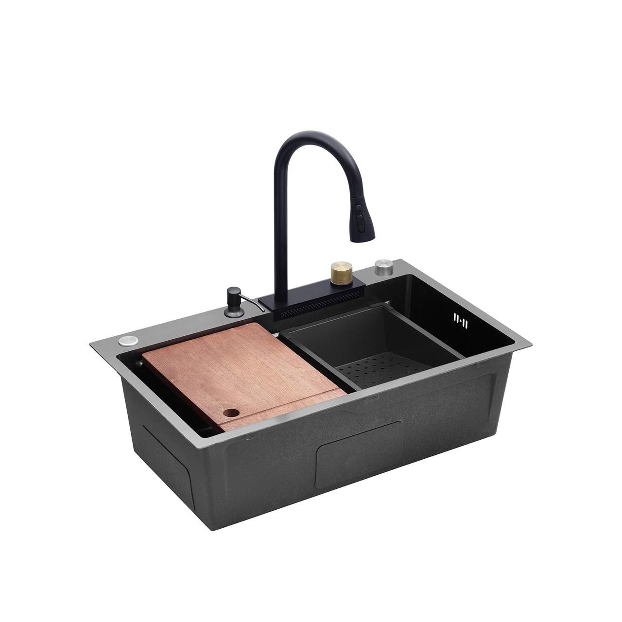 Мойка для кухни со смесителем Kroner KRP Schwarze Set 3/0,7 мм из нержавеющей стали 75х46 см HM PVD Черный (CV032277)