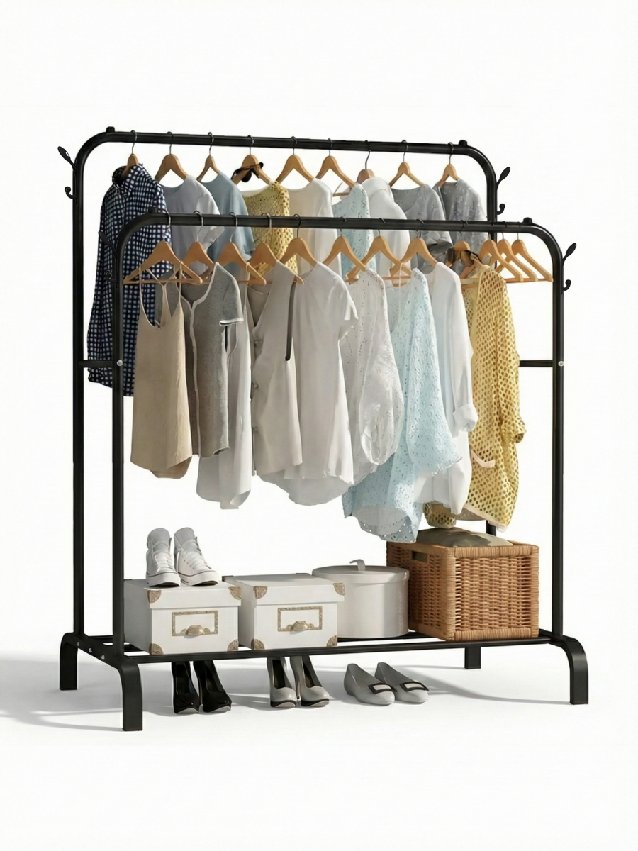 Вешалка напольная для одежды двойная раскладная со стопорами и полками для обуви 162х96х44 Черный (463947650197)