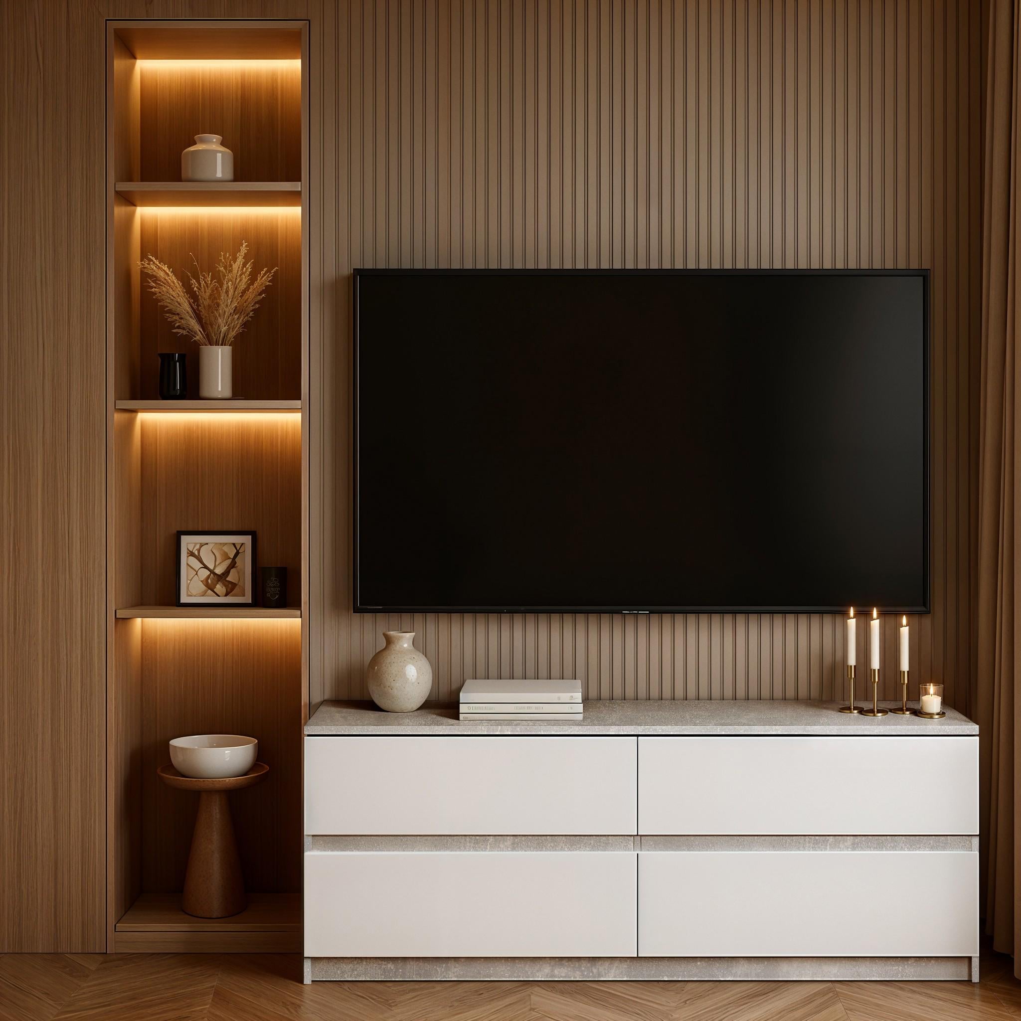 Тумба під телевізор на 4 шухляди без ручок Braun на 1300x370x500 мм Бетон/Білий