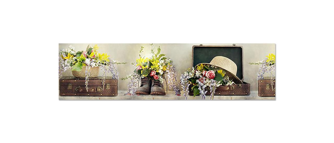 Кухонный фартук Необычные цветы чемодан из самоклеющейся виниловой пленки 65х250 см Коричневый Кухонный фартук Необычные цветы чемодан из самоклеющейся виниловой пленки 65х250 см Коричневый