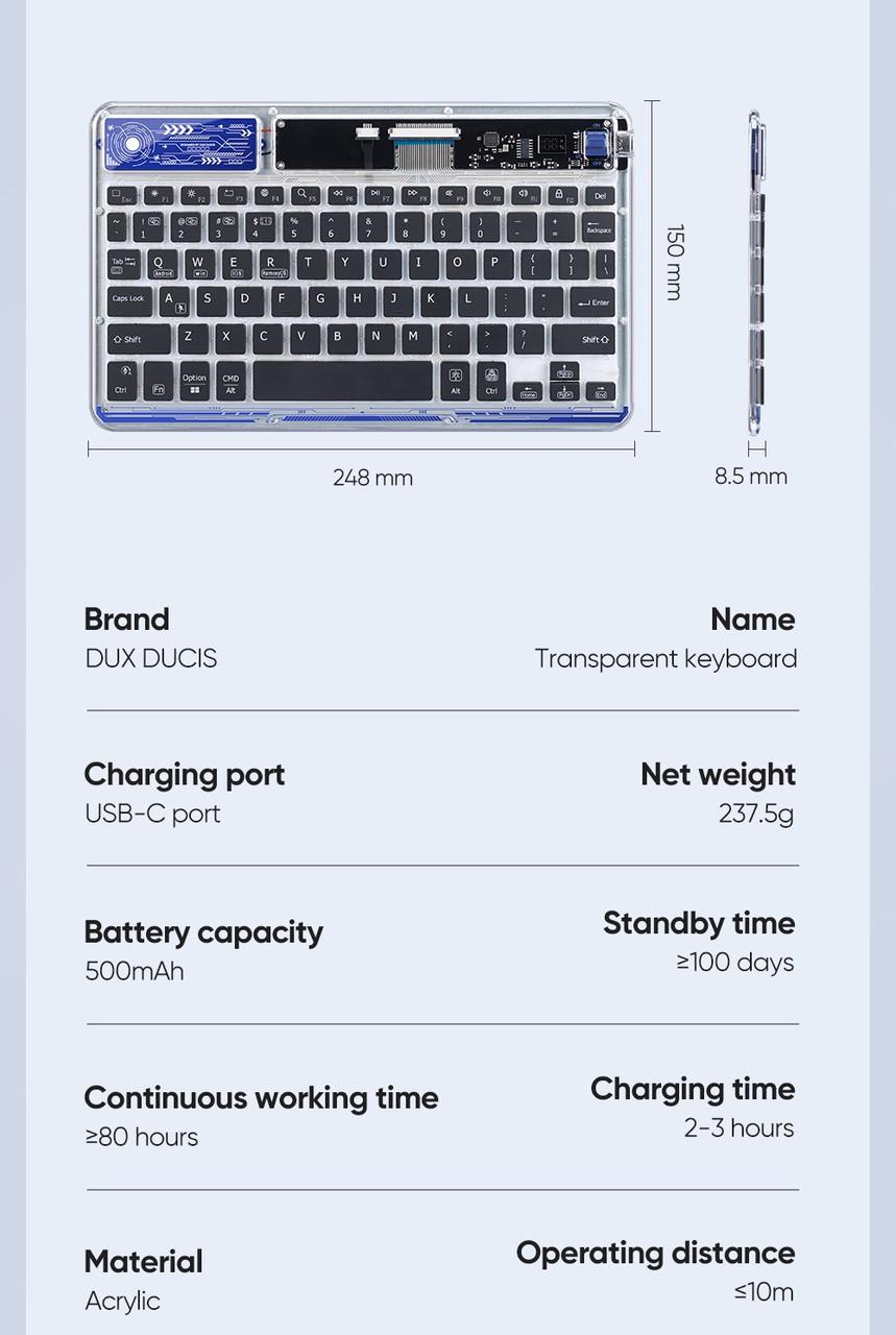 Клавиатура беспроводная универсальная Dux Ducis CK Series Keyboard Bluetooth 5.0 Transparent с подсветкой (6934913023198) - фото 8