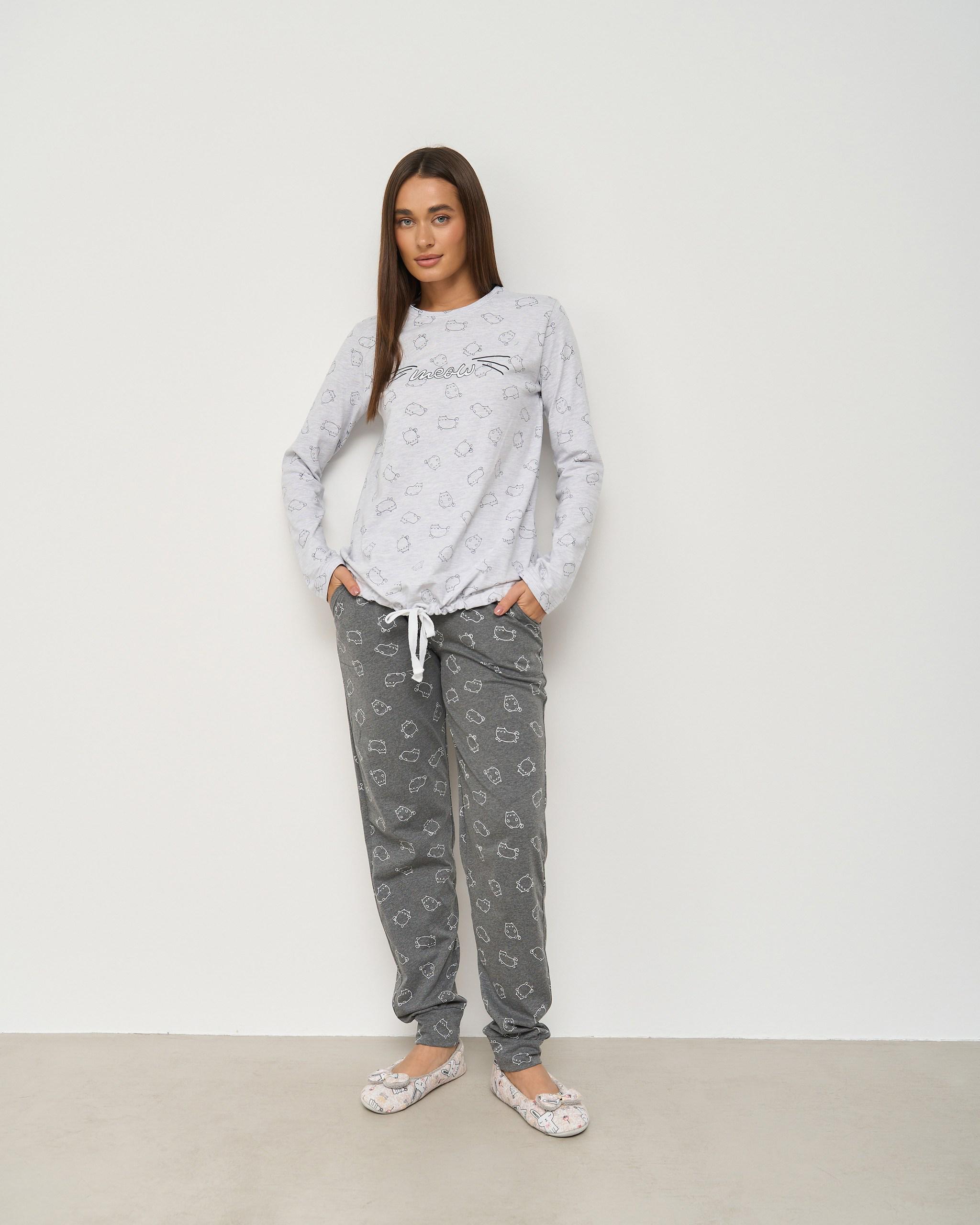 Піжама жіноча на зав'язках Meow Котики S Світло-сірий (96713) Піжама жіноча на зав'язках Meow Котики S Світло-сірий (96713)