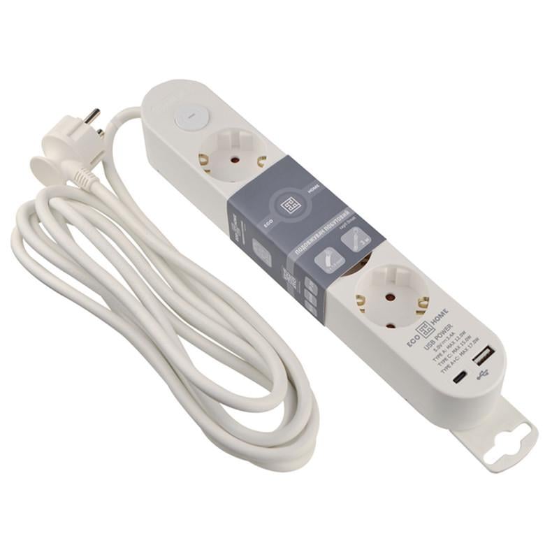 Фильтр-удлинитель сетевой АСКО-УКРЕМ Ornat 4 гнезда 3 м с ж/к USB/Type C с выключателем (ECO019001005)