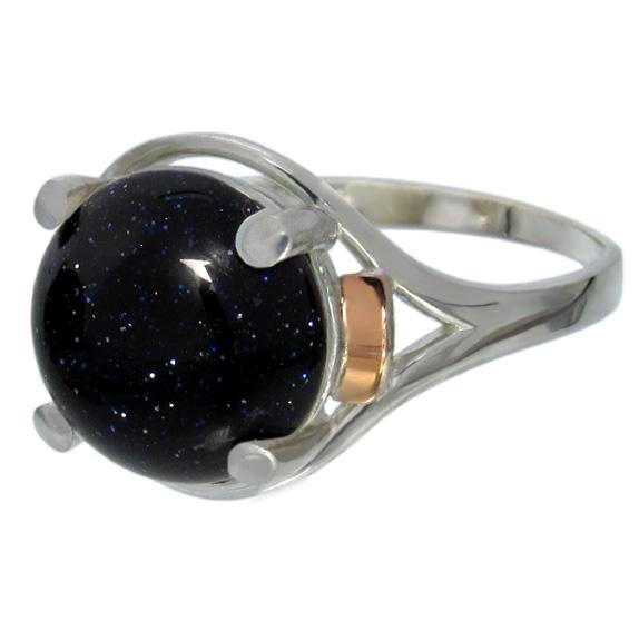 Женское серебряное кольцо с золотыми пластинами Ирис авантюрин Ночь Каира 19,5 (061к.11-8)