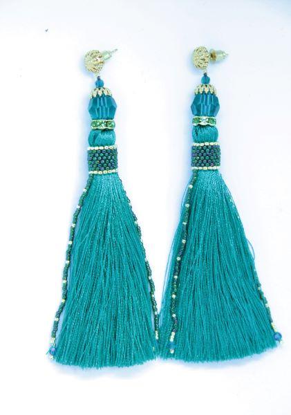 Сережки-китиці зі стразовими намистинами та бісером Абсент ручна робота Зелений (ER-0046)