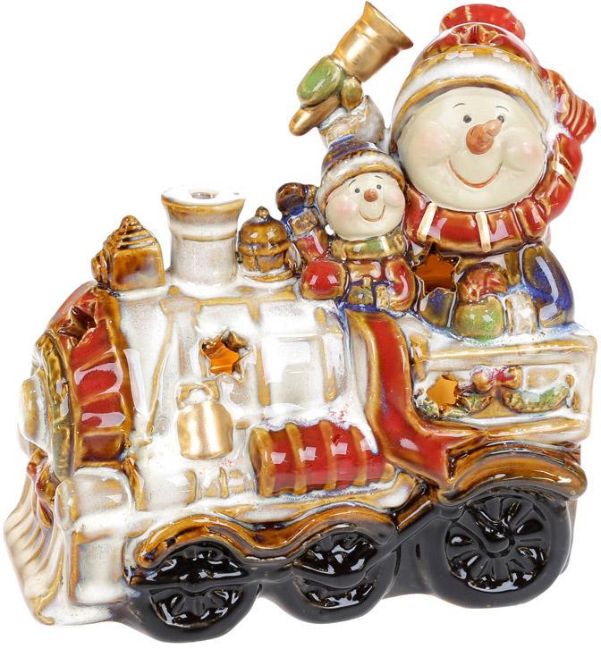 Уставка декоративная Снеговики на паровозе с LED подсветкой 18х10х18 см