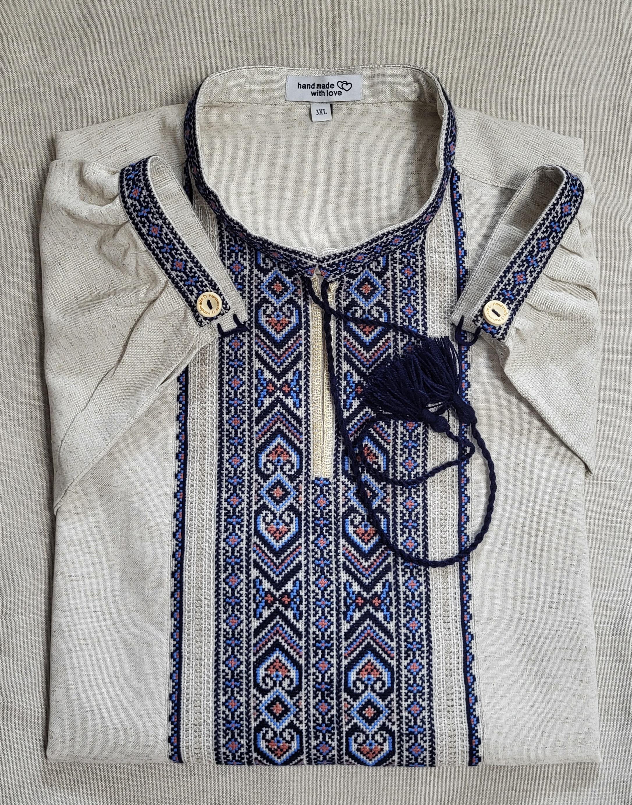 Мужская вышиванка ручной работы на домотканом полотне вышитые вставки 3XL (58)