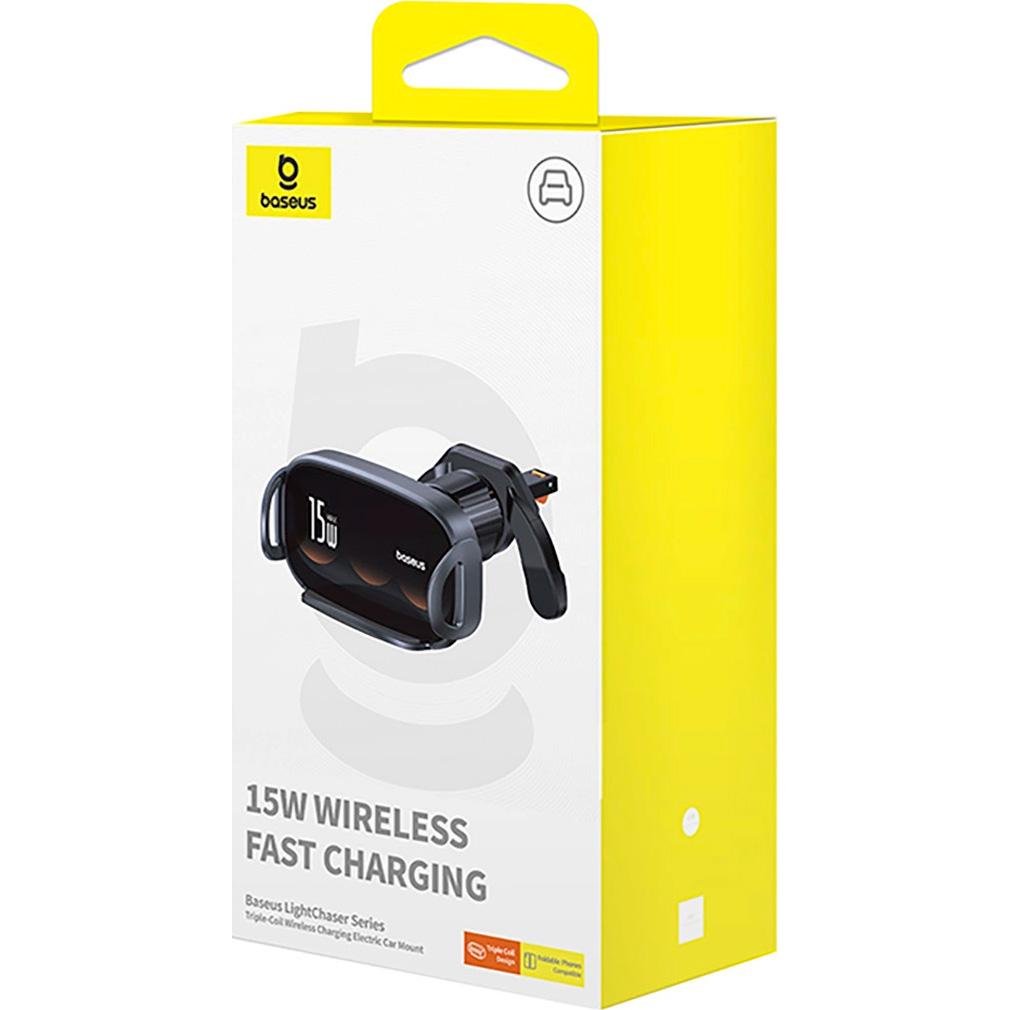 Автодержатель для телефона с БЗП BASEUS LightChaser Series Triple-Coil Wireless Charging Electric Car Mount Cluster Black (C40355901111-00)