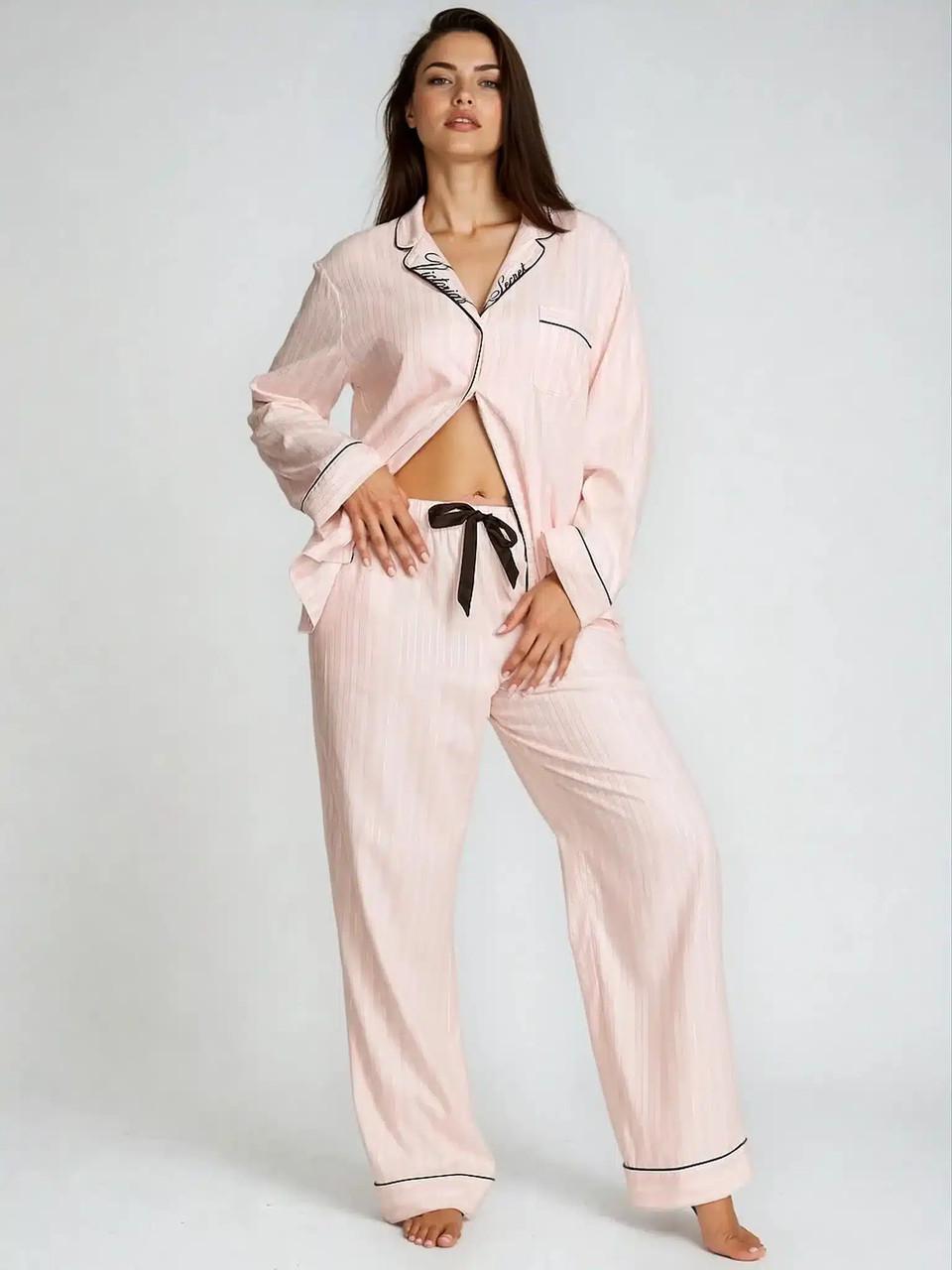 Пижама фланелевая Victoria's Secret рубашка/брюки в полоску L Розовый (2838723211)