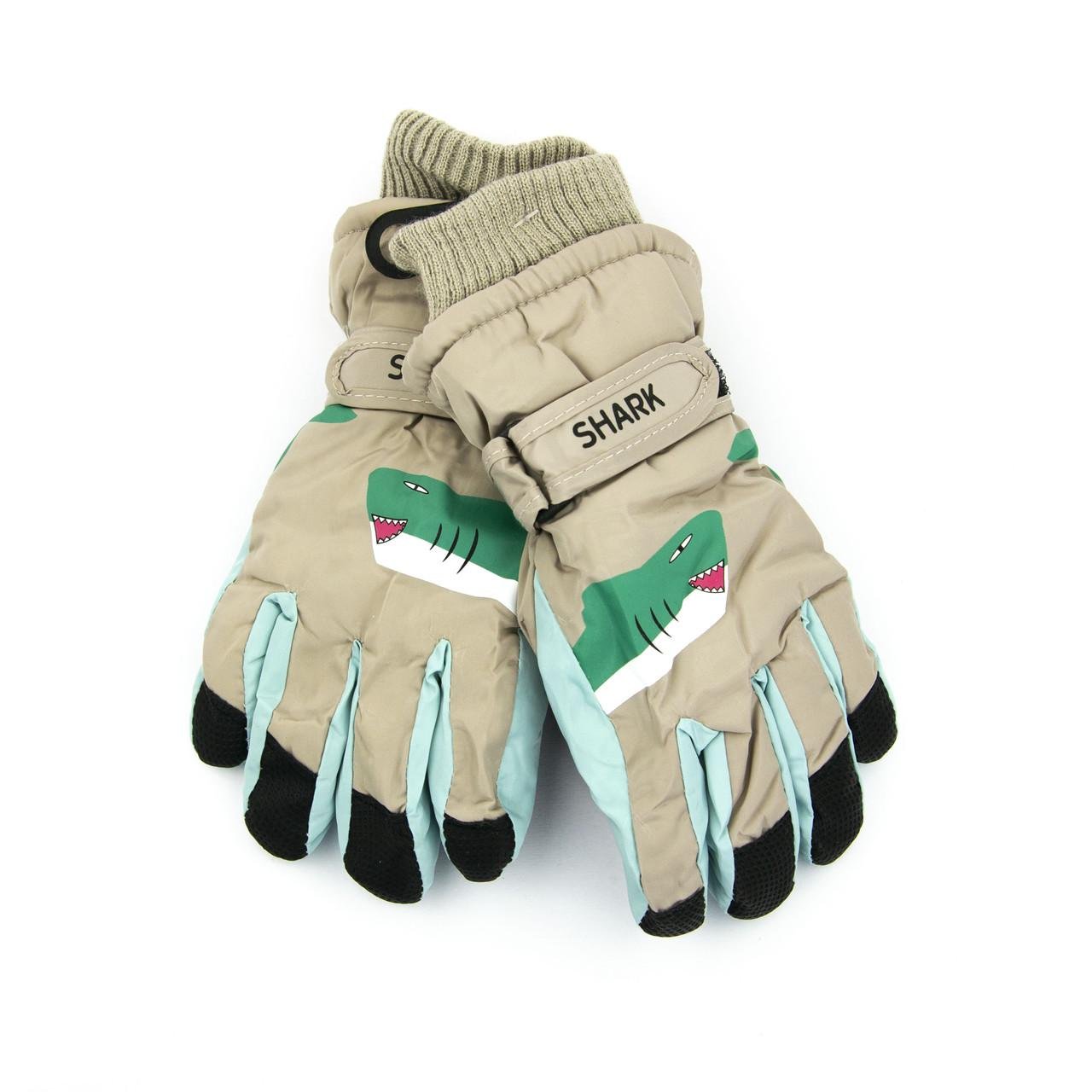 Рукавиці болоньєві лижні дитячі з хутром на липучці з акулами 5-7 років Світло-сірий (23-12-62)