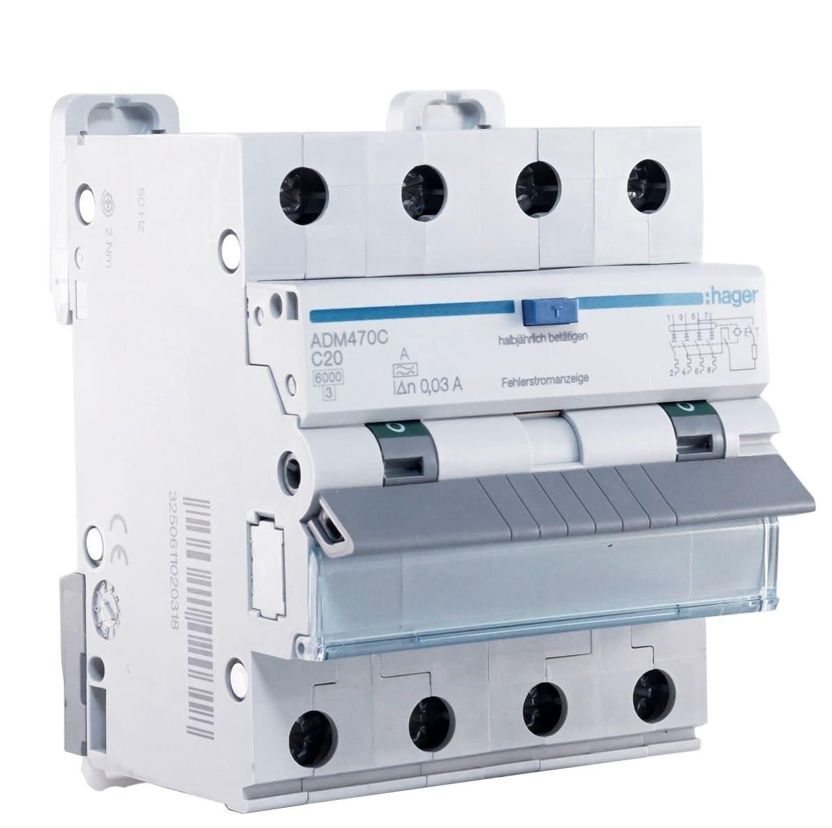 Дифавтомат Hager 20A 30mA 6kA 4 полюса тип C тип A ADM470C (11262)