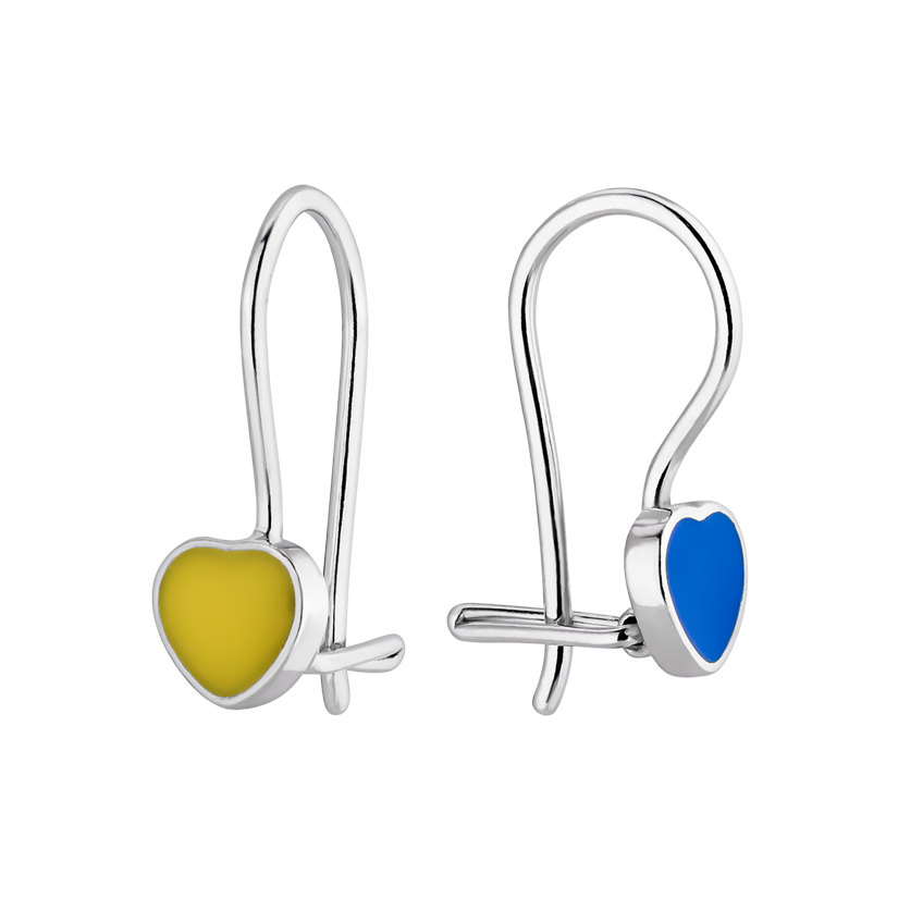 Серьги серебряные с эмалью в форме сердца выполнены в сине-желтых оттенках