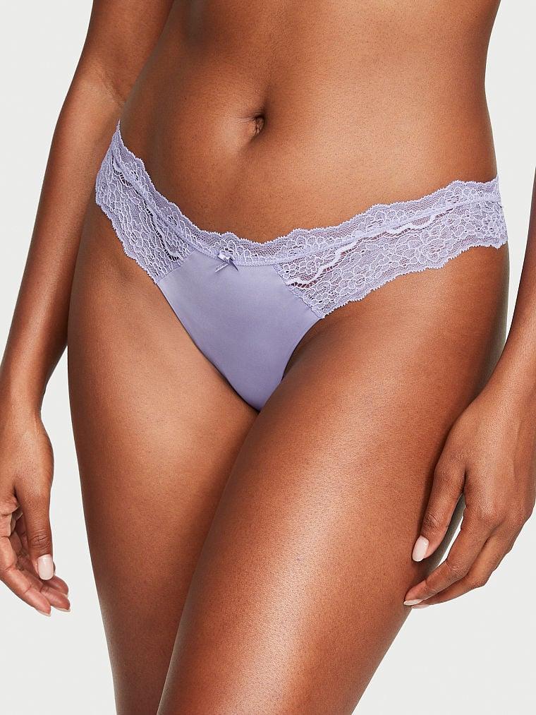 Трусики жіночі стринги Victoria's Secret Satin Bow Lace мереживні М Ліловий (2018756361)
