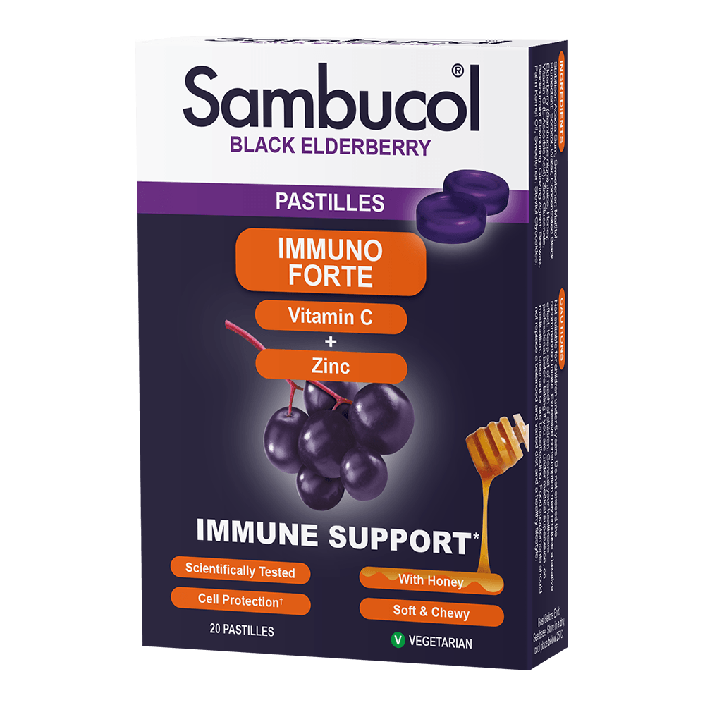 Самбукол пастилки для імунітету Sambucol Immuno Forte Чорна бузина/Вітамін С/Цинк від 6 років 20 шт.