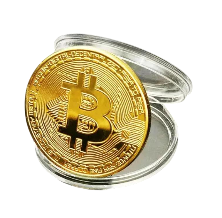Сувенир золотая монета Bitcoin на удачу в пластиковом боксе (copy_2561991374)