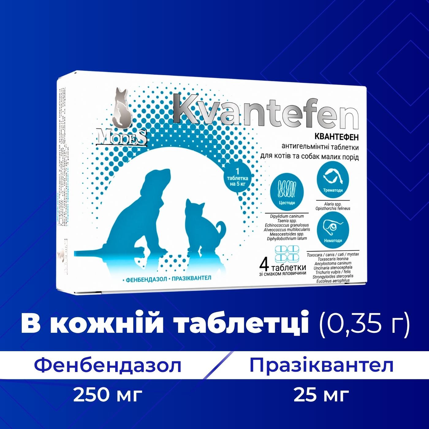 Таблетки антигельмінтні Kvantefen для котів та собак малих порід 4 табл. (27850192) - фото 2 Таблетки антигельмінтні Kvantefen для котів та собак малих порід 4 табл. (27850192) - фото 2