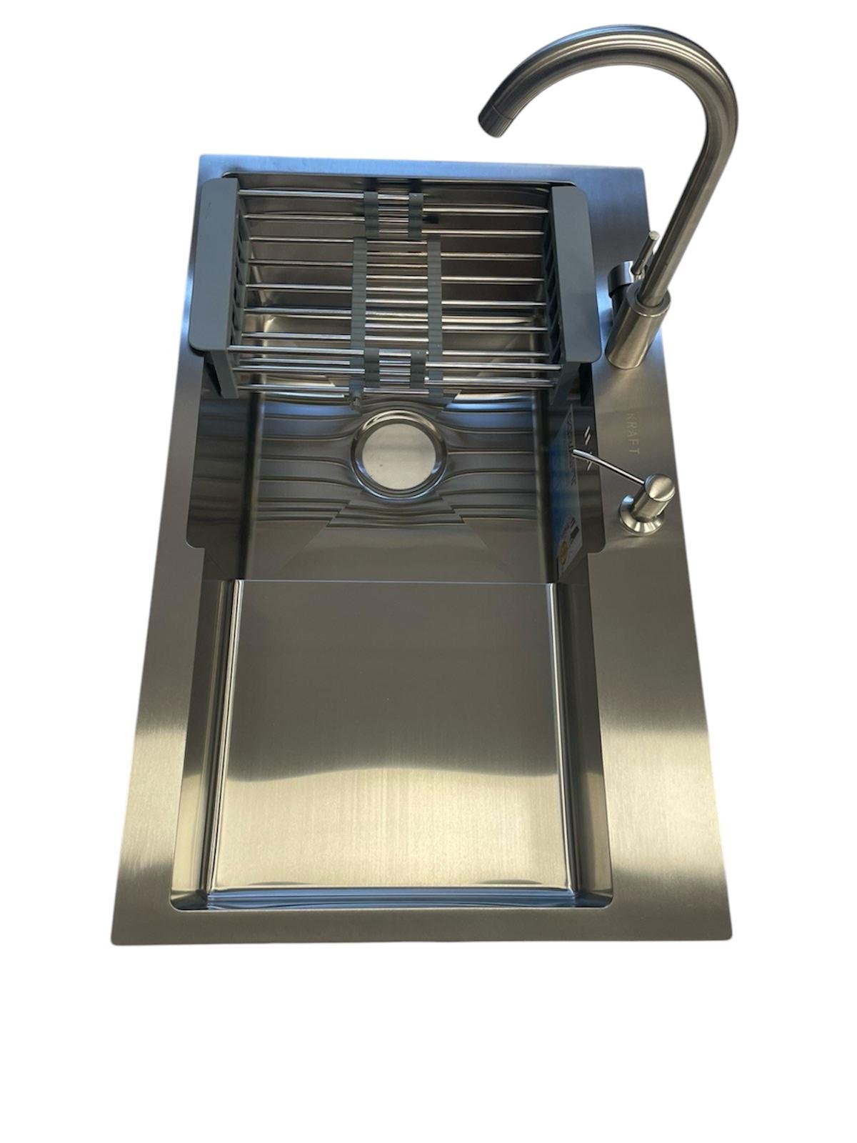 Мойка для кухни левая Kraft 7848 АL с краном/сифоном/корзина/дозатор Серый