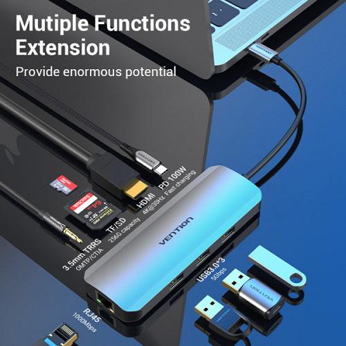 Док-станция Vention TOLHB USB3.1 Type-C-HDMI/USB 3.0x3/RJ45/SD/TF/TRRS 3.5/PD 100W - фото 3