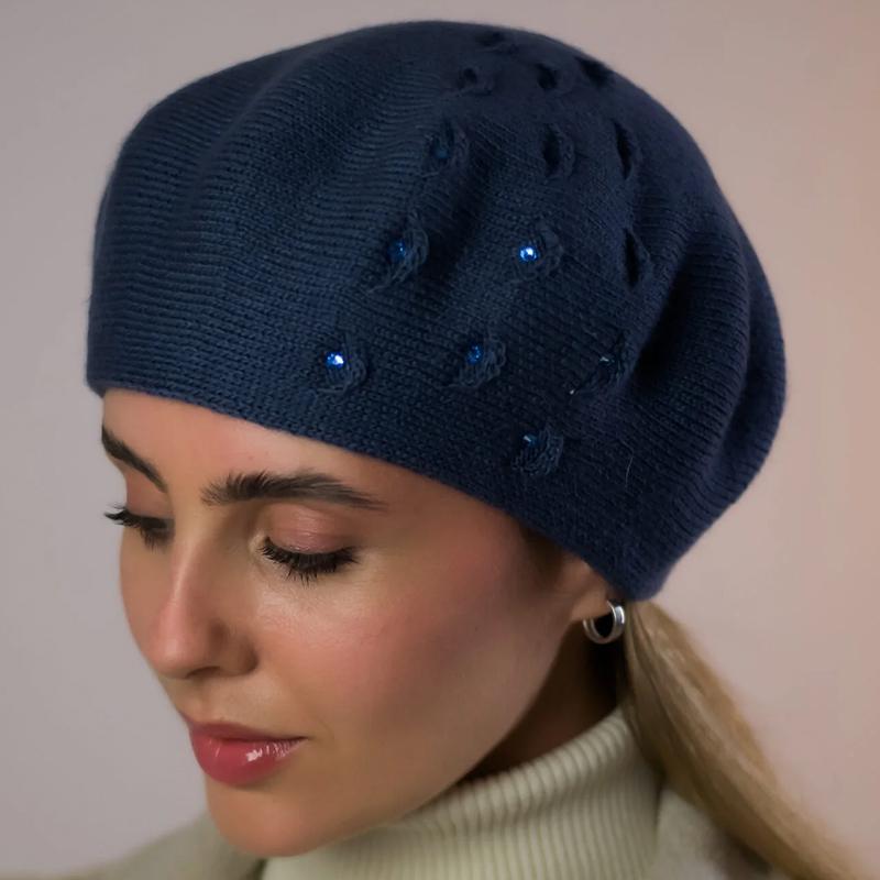 Берет женский двойной Lirus Суфле с узором и стразами Джинсовый