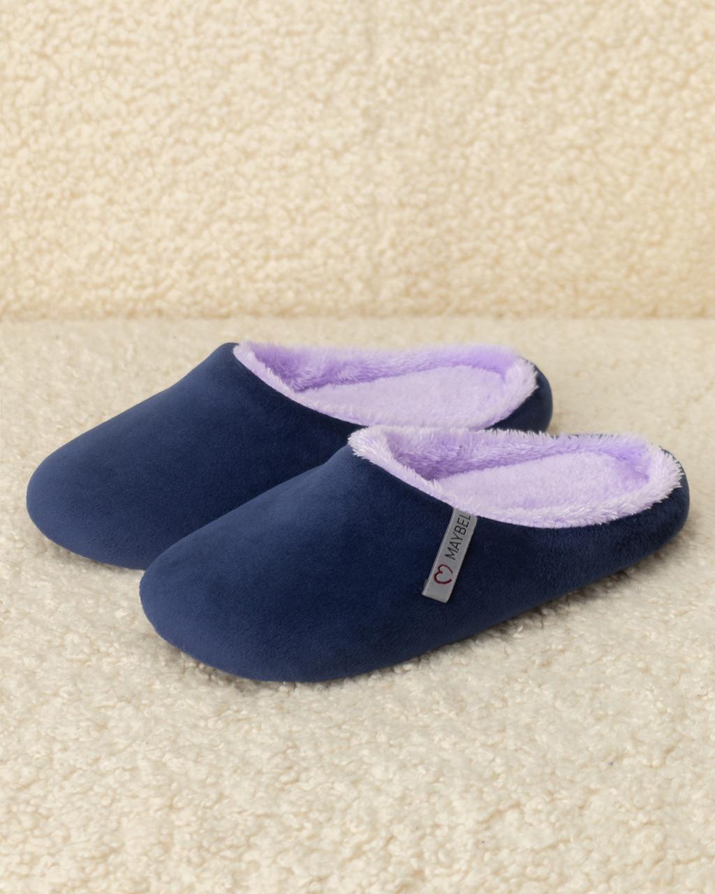 Тапочки домашние велюровые утепленные закрытые Темно-синий/Сиреневый (2169043163)