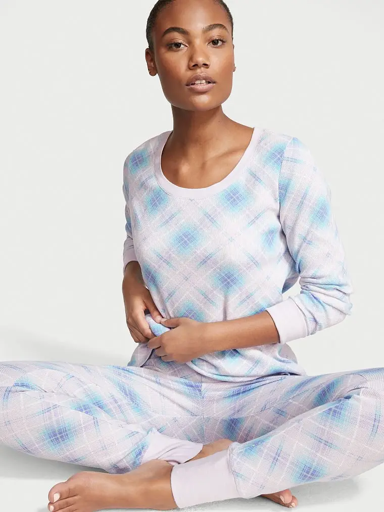 Піжама жіноча термо Victoria's Secret Thermal Long Pajama Set бавовняна S Сірий з блакитним (17606749)