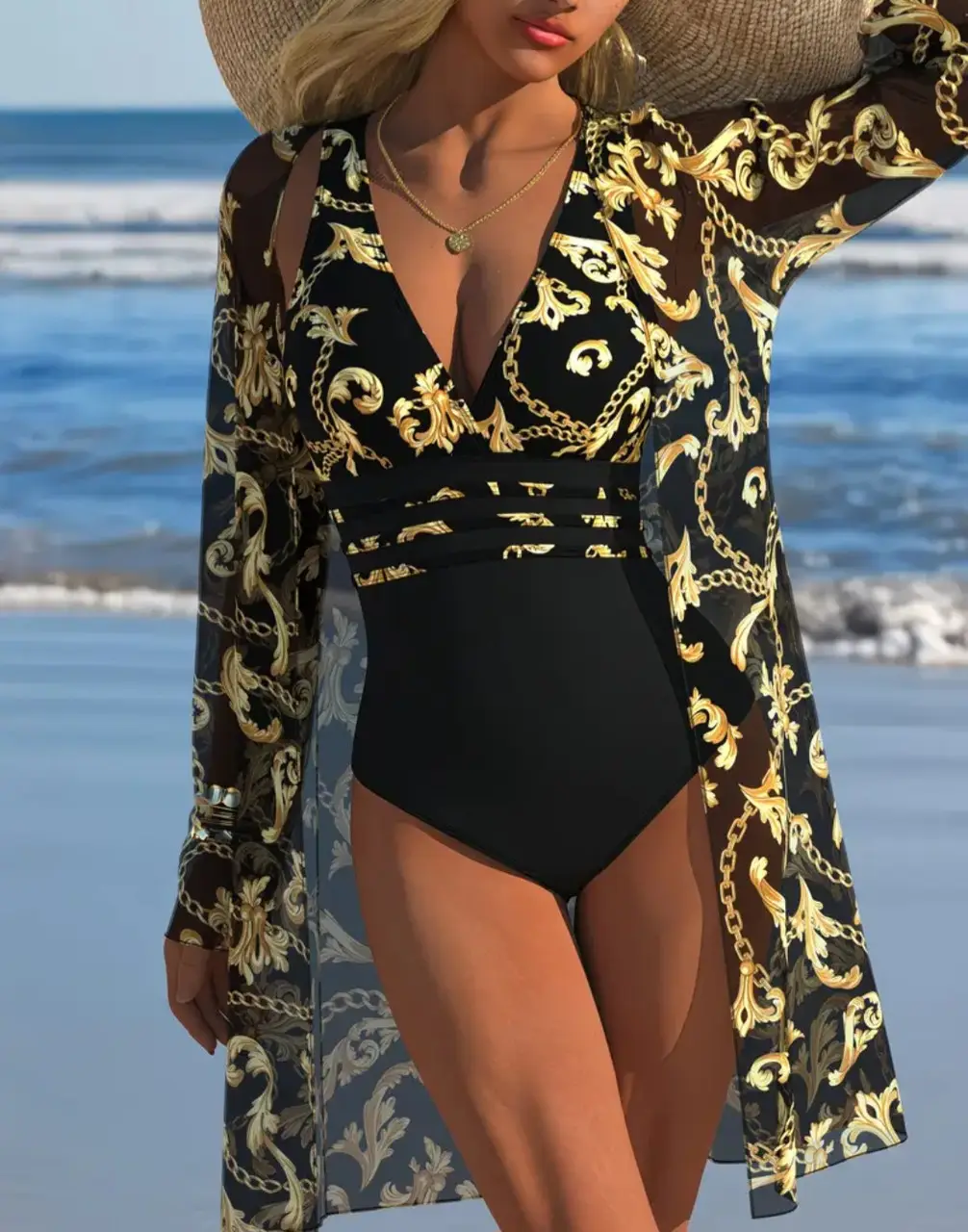 Купальник женский слитный Swim Suit 26k мягкая чашка с туникой XL Черный с золотистым (34950390)