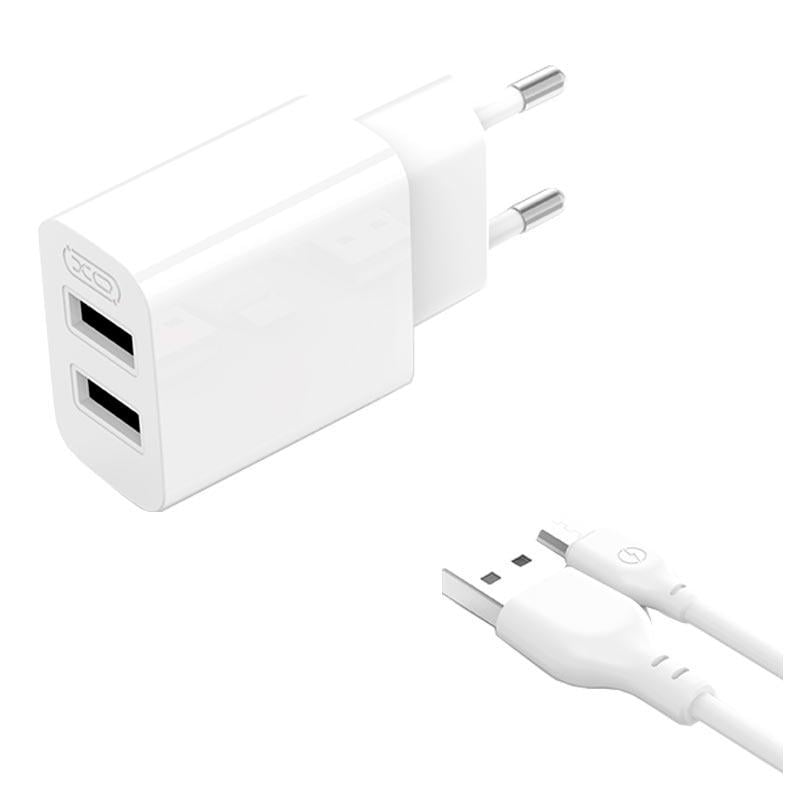 Зарядное устройство сетевое Xo L109 с двумя USB-A портами 5V/2.4A с кабелем USB-A to MicroUSB Белый (27676414)