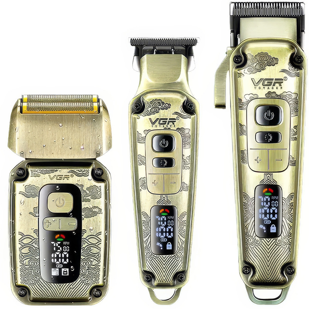Комплект 3в1 VGR V-642 машинка для стрижки/триммер/шейвер 800 mAh 1600 mAh 2600 mAh LED display IPX6 Gold (613624)
