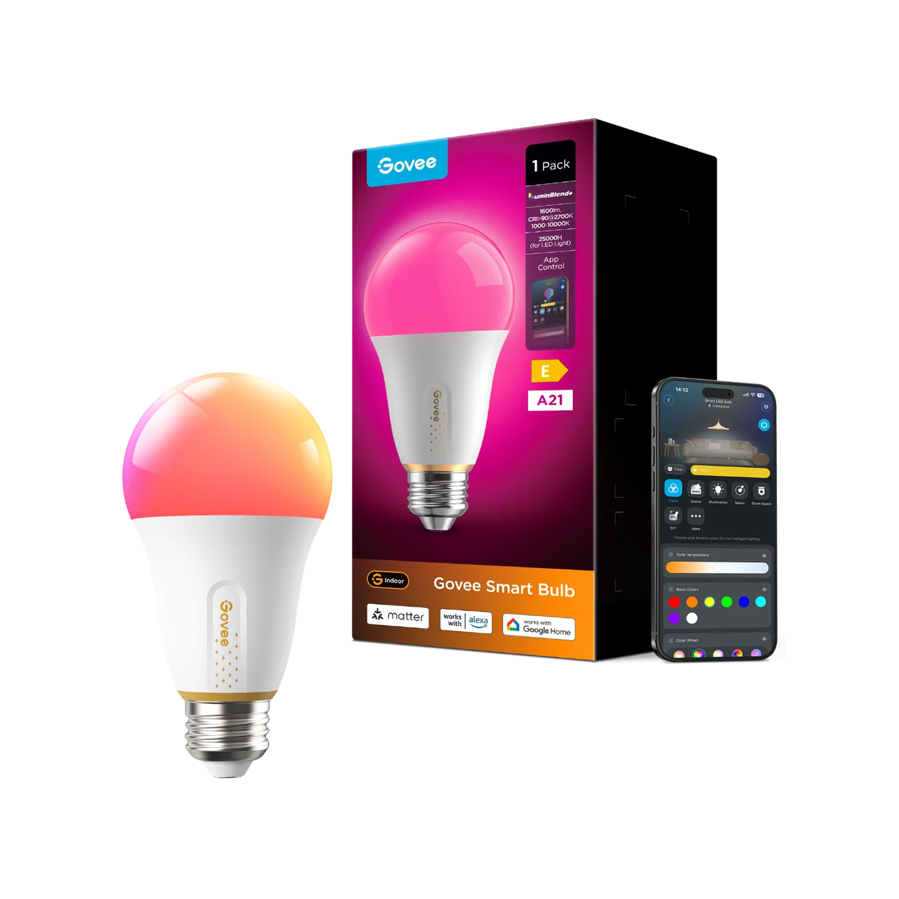 Розумна лампа Govee Smart Bulb A21 E27 1600 Лм RGBWW 16 млн кольорів 1000-10000K Wi-Fi/BT Matter H1401