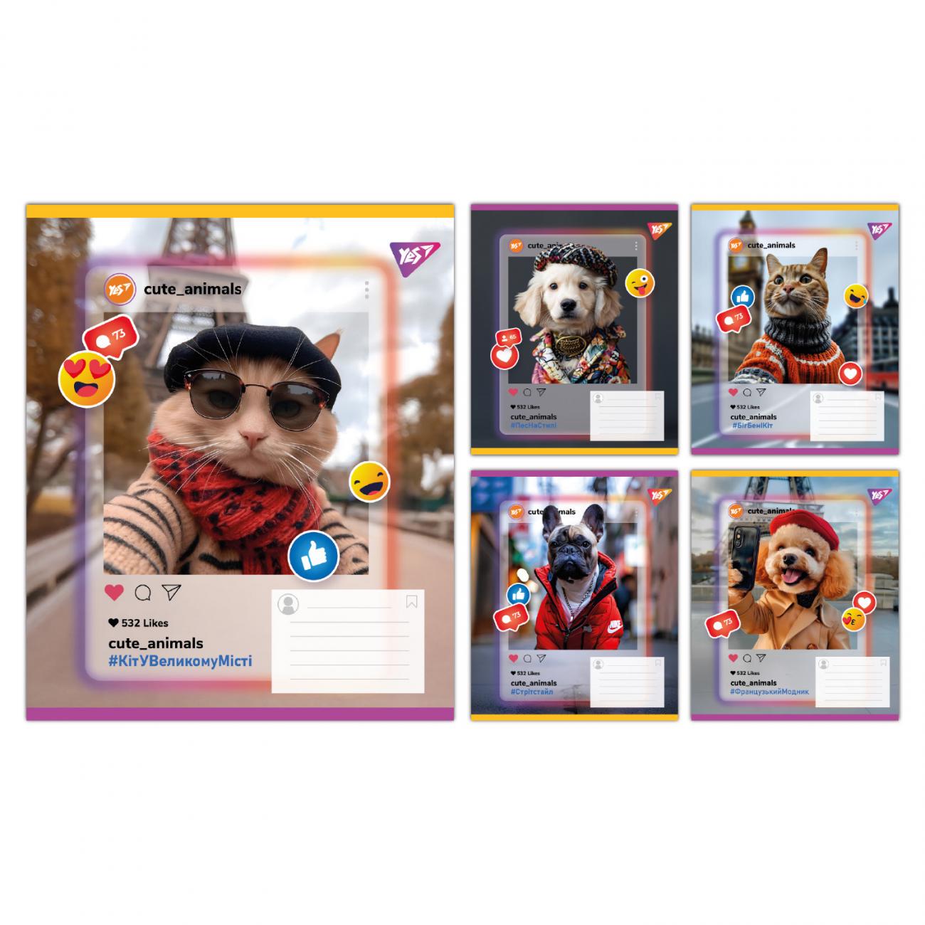 Зошити учнівські YES Cute animals 36 аркушів клітинка 15 шт. в упаковці