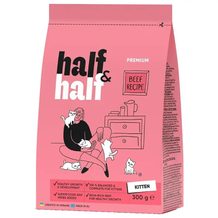 Сухий корм для кошенят Half&Half Kitten яловичина та ласощі індичка 300 г (HH_045336) - фото 2 Сухий корм для кошенят Half&Half Kitten яловичина та ласощі індичка 300 г (HH_045336) - фото 2