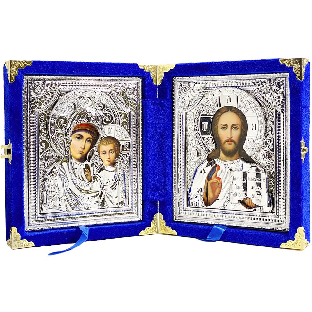 Икона Богородица и Иисус Христос в бархате Синий (Б37ВК-Х/С)