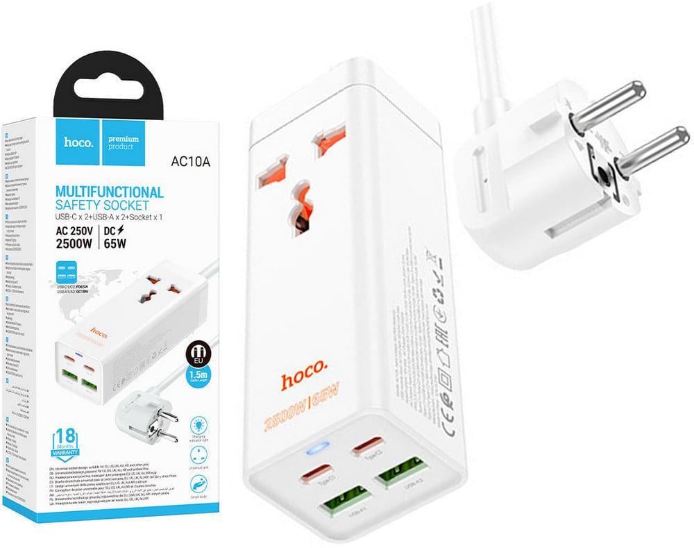 Зарядное устройство Hoco AC10A Socket AC250V/2500W/DC65W PD/PPS/QC порты 2 USB/2 Type-C White (42087)