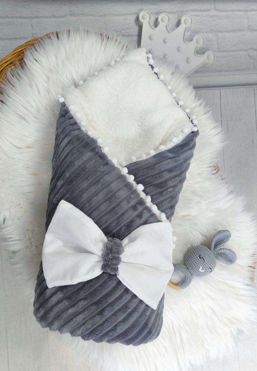 Конверт-одеяло на выписку/в кроватку/в коляску Шиншилка бант-резинка махра Серый