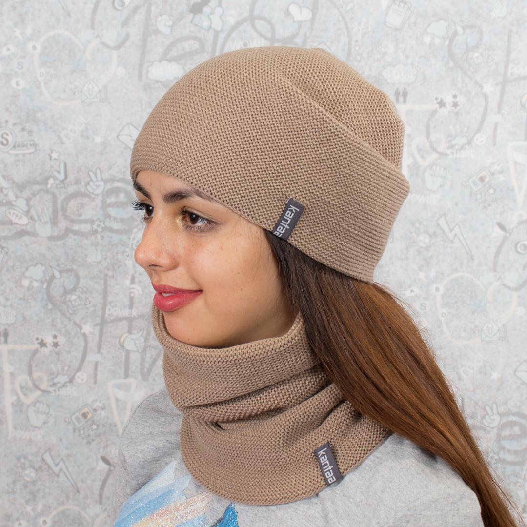 Комплект вязаный КАНТА MOD 7 шапка и снуд на флисе унисекс Беж (OC-123)