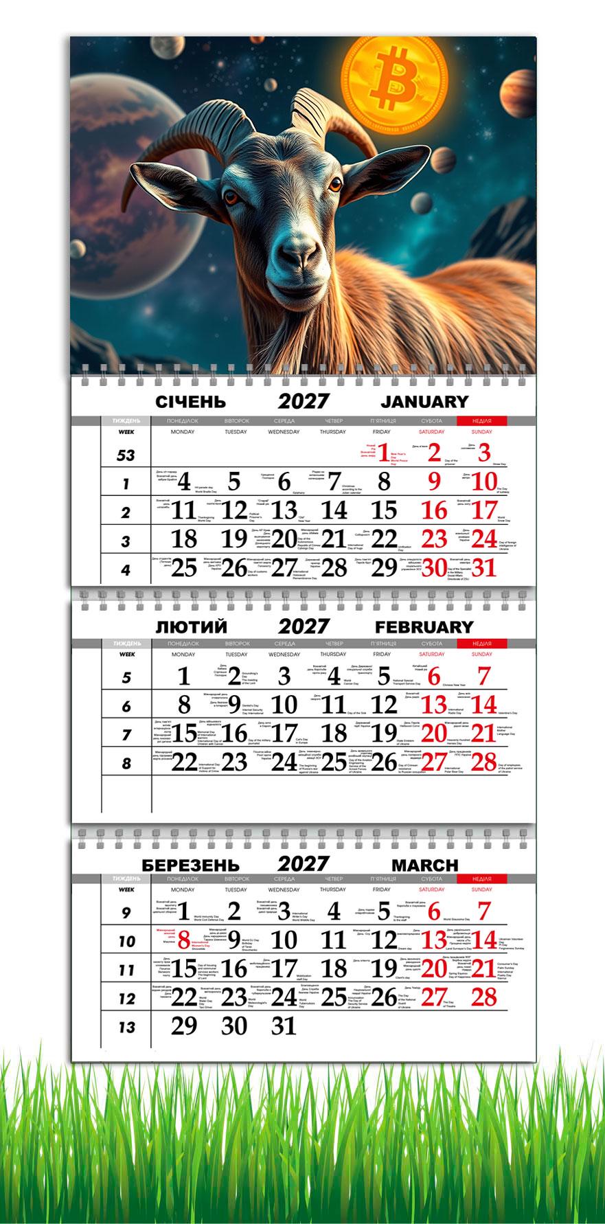 Календарь настенный квартальный на 2027 год APRIORI символ года Коза 30х61 см (36666852)