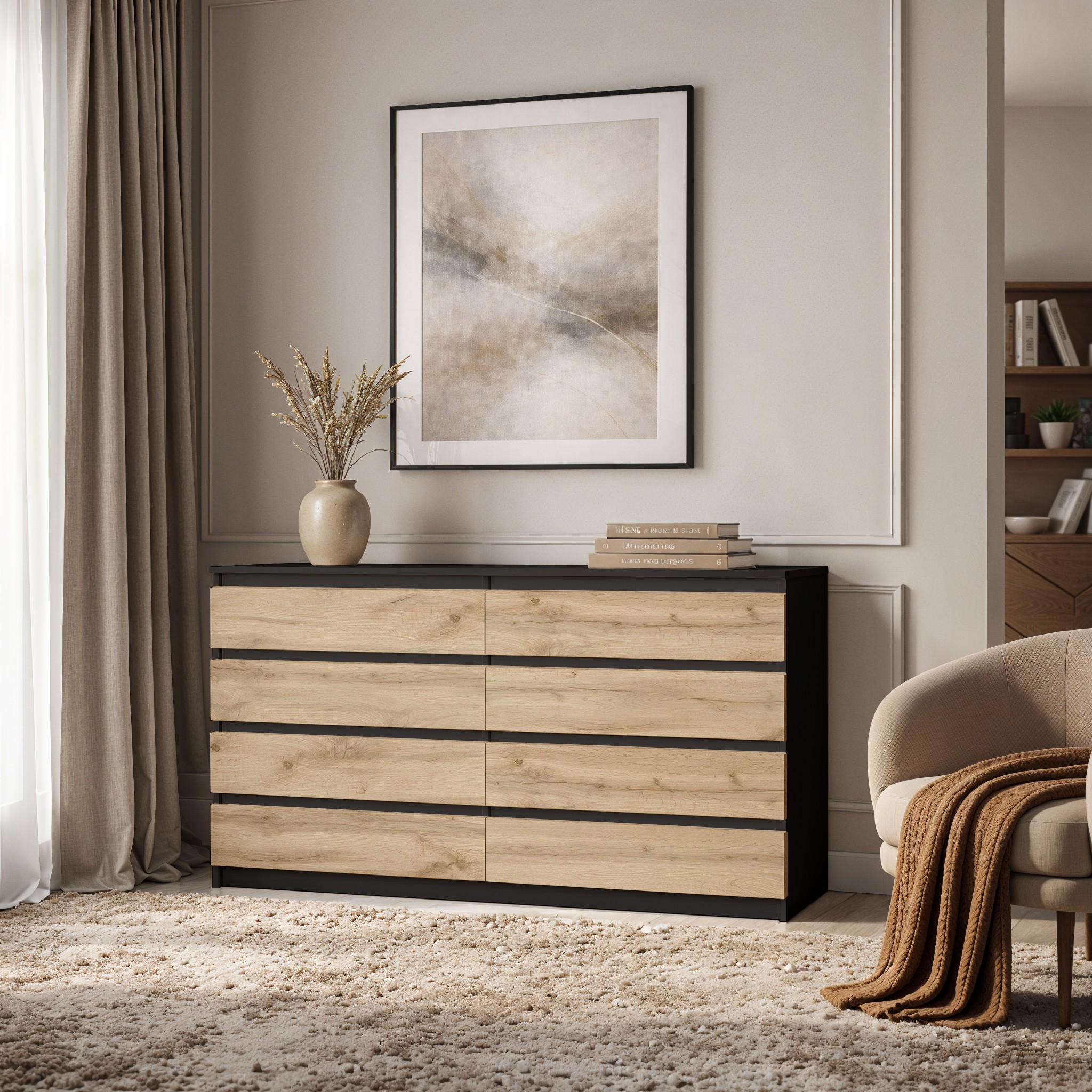 Комод на 8 ящиков без ручек Sydney 1404х410х860 мм Черный/Дуб Аппалачи