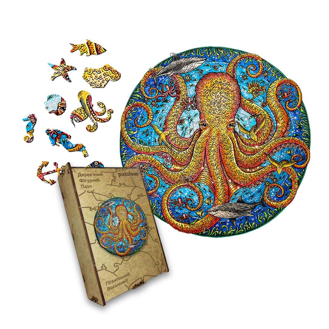 Пазл дерев'яний Гігантський Восьминіг А5 картонна коробка 35 ел. (puzzlean-905)
