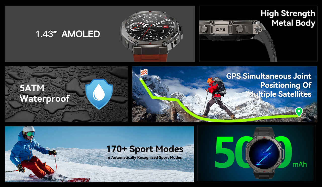 Смарт-годинник військовий T Rex 3 з GPS/компасом протиударні IP68 Чорний (MIL-STD-810H) - фото 8 Смарт-годинник військовий T Rex 3 з GPS/компасом протиударні IP68 Чорний (MIL-STD-810H) - фото 8